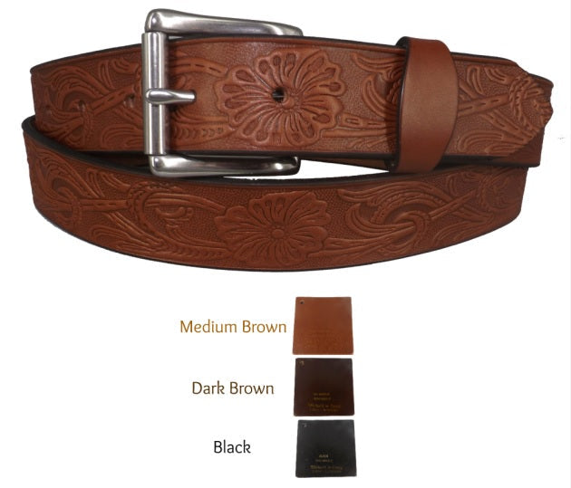BeltsEMBOSSED "FLOWER" BELT - Thick English Bridle LeatherAmish work beltbeltSaving Shepherd
