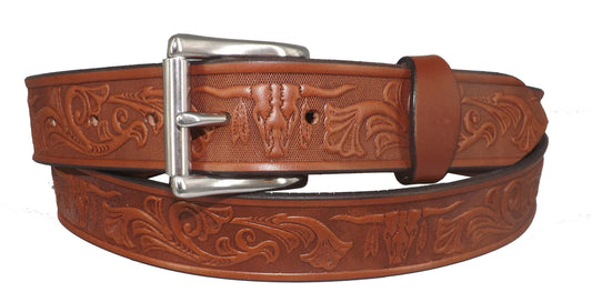BeltsEMBOSSED "LONGHORN" BELT - Thick English Bridle LeatherAmish work beltbeltSaving Shepherd