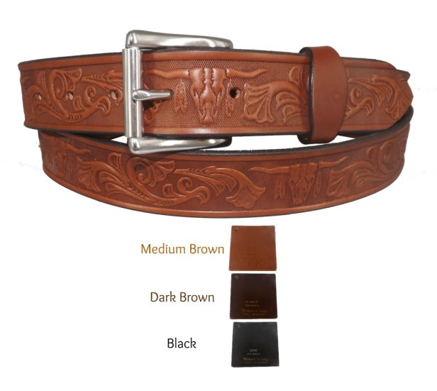 BeltsEMBOSSED "LONGHORN" BELT - Thick English Bridle LeatherAmish work beltbeltSaving Shepherd